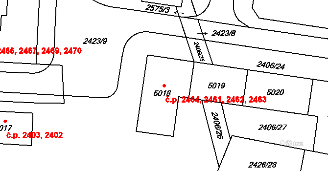Zelené Předměstí 2461,2462,2463,2464, Pardubice na parcele st. 5018 v KÚ Pardubice, Katastrální mapa