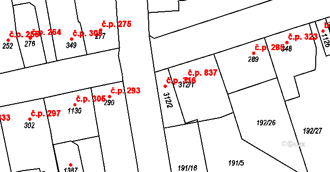 Svítkov 316, Pardubice na parcele st. 312/2 v KÚ Svítkov, Katastrální mapa