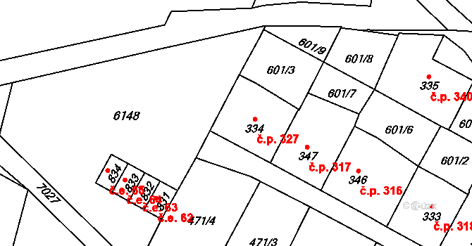 Lysice 327 na parcele st. 334 v KÚ Lysice, Katastrální mapa