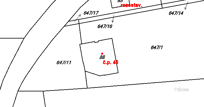 Kvasejovice 45, Přehořov na parcele st. 88 v KÚ Kvasejovice u Soběslavi, Katastrální mapa