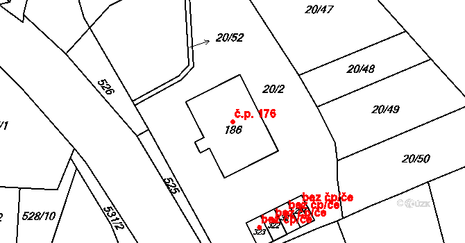 Perštejn 176 na parcele st. 186 v KÚ Perštejn, Katastrální mapa