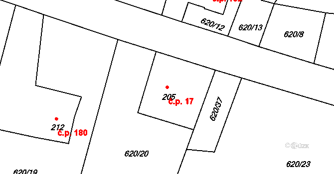 Herálec 17 na parcele st. 205 v KÚ Herálec, Katastrální mapa