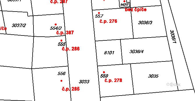 Březí 277 na parcele st. 558 v KÚ Březí u Mikulova, Katastrální mapa
