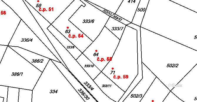 Růžov 55, Stražisko na parcele st. 64 v KÚ Růžov na Moravě, Katastrální mapa