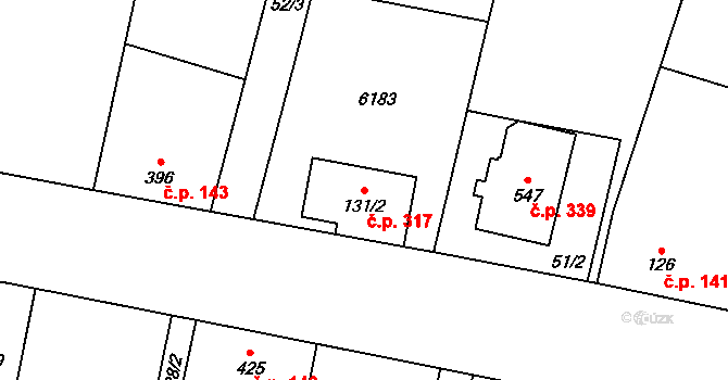Hrabětice 317 na parcele st. 131/2 v KÚ Hrabětice, Katastrální mapa