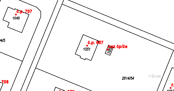 Lysice 657 na parcele st. 1051 v KÚ Lysice, Katastrální mapa