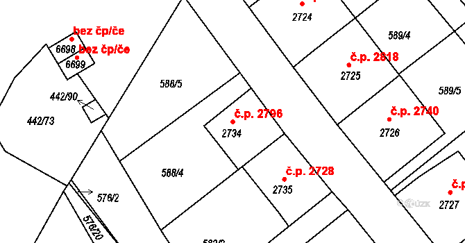 Jablonec nad Nisou 2796 na parcele st. 2734 v KÚ Jablonec nad Nisou, Katastrální mapa