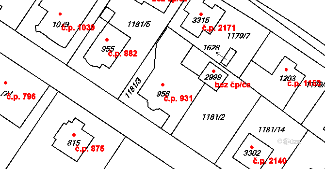 Říčany 931 na parcele st. 956 v KÚ Říčany u Prahy, Katastrální mapa