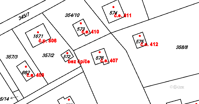 Vrané nad Vltavou 407 na parcele st. 576 v KÚ Vrané nad Vltavou, Katastrální mapa