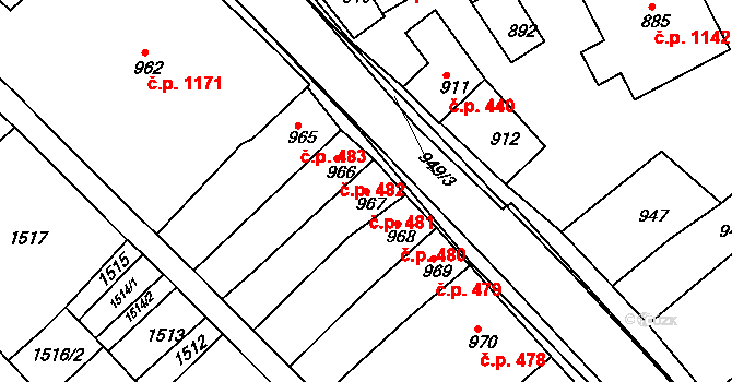 Rousínov 481 na parcele st. 967 v KÚ Rousínov u Vyškova, Katastrální mapa