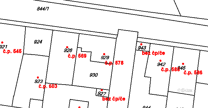 Švermov 578, Kladno na parcele st. 929 v KÚ Motyčín, Katastrální mapa