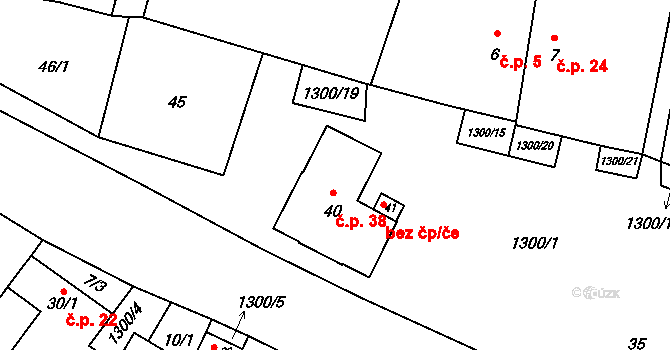 Doňov 38 na parcele st. 40 v KÚ Doňov, Katastrální mapa
