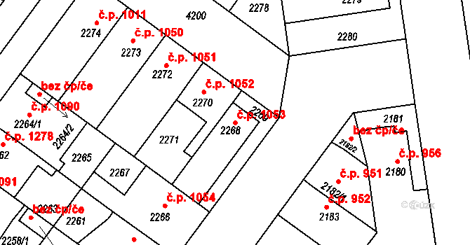 Roudnice nad Labem 1053 na parcele st. 2268 v KÚ Roudnice nad Labem, Katastrální mapa