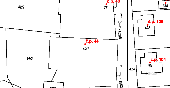 Kladeruby 44 na parcele st. 75/1 v KÚ Kladeruby, Katastrální mapa