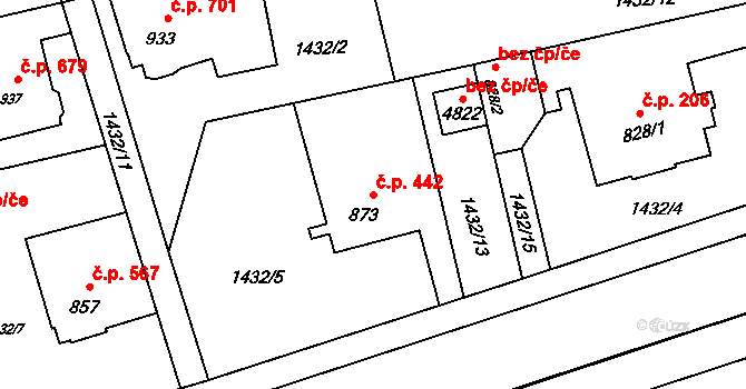 Rožnov pod Radhoštěm 442 na parcele st. 873 v KÚ Rožnov pod Radhoštěm, Katastrální mapa