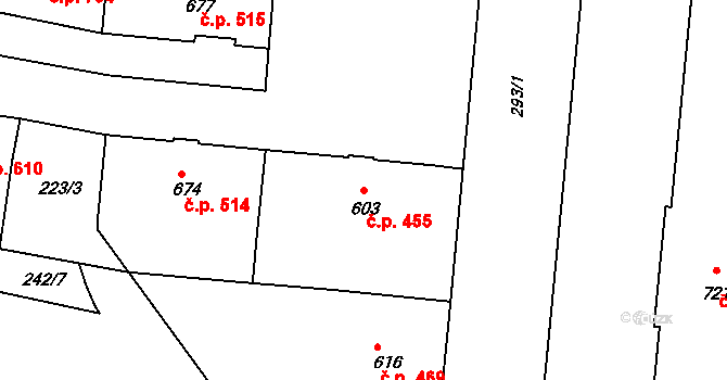 Uherské Hradiště 455 na parcele st. 603 v KÚ Uherské Hradiště, Katastrální mapa