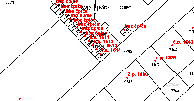 Teplice 1513 na parcele st. 1169/11 v KÚ Teplice, Katastrální mapa