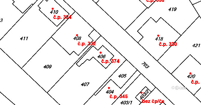 Svatava 374 na parcele st. 406 v KÚ Svatava, Katastrální mapa