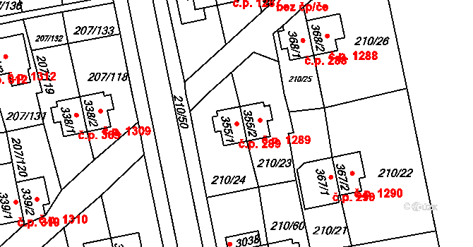 Sezimovo Ústí 289 na parcele st. 355/1 v KÚ Sezimovo Ústí, Katastrální mapa
