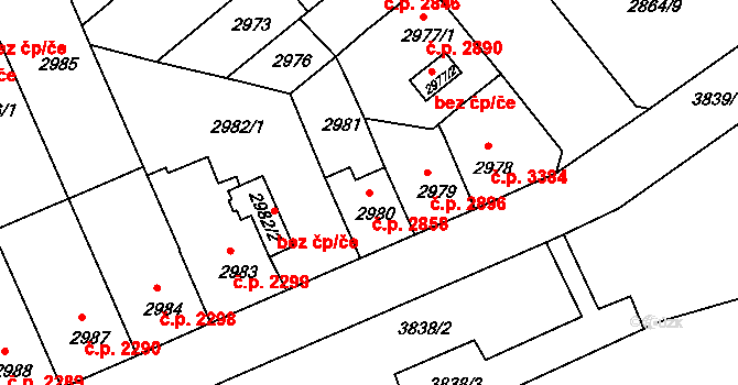 Chomutov 2858 na parcele st. 2980 v KÚ Chomutov II, Katastrální mapa