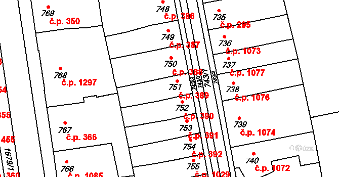 Šlapanice 389 na parcele st. 751 v KÚ Šlapanice u Brna, Katastrální mapa