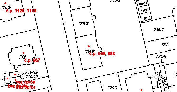Lobzy 958,959, Plzeň na parcele st. 738/6 v KÚ Lobzy, Katastrální mapa