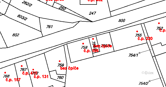 Týnec nad Labem 186 na parcele st. 758 v KÚ Týnec nad Labem, Katastrální mapa