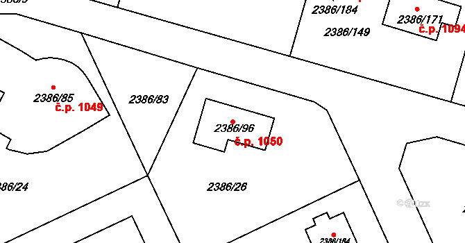 Zruč nad Sázavou 1050 na parcele st. 2386/96 v KÚ Zruč nad Sázavou, Katastrální mapa