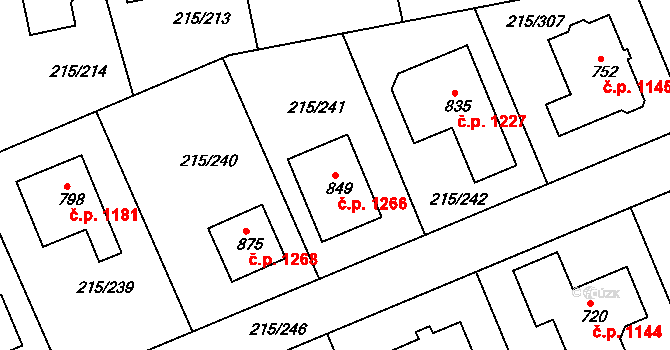 Rudná 1266 na parcele st. 849 v KÚ Hořelice, Katastrální mapa