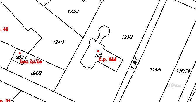 Škrovád 144, Slatiňany na parcele st. 186 v KÚ Škrovád, Katastrální mapa