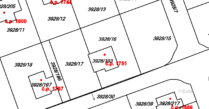 Úvaly 1751 na parcele st. 3928/193 v KÚ Úvaly u Prahy, Katastrální mapa