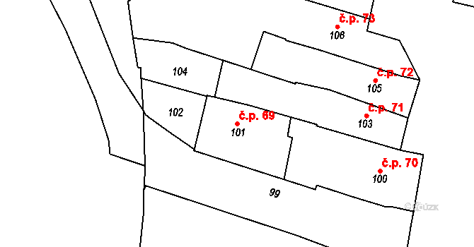 Jemnice 69 na parcele st. 101 v KÚ Jemnice, Katastrální mapa