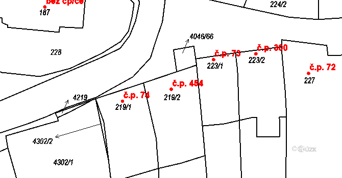Boleradice 454 na parcele st. 219/2 v KÚ Boleradice, Katastrální mapa
