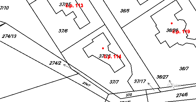 Sobín 114, Praha na parcele st. 37/16 v KÚ Sobín, Katastrální mapa