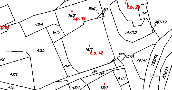 Ždánice 42 na parcele st. 16/1 v KÚ Ždánice u Bystřice nad Pernštejnem, Katastrální mapa