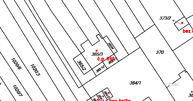 Huštěnovice 319 na parcele st. 365/3 v KÚ Huštěnovice, Katastrální mapa
