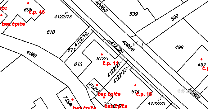 Plechy 11, Nový Malín na parcele st. 612/1 v KÚ Nový Malín, Katastrální mapa