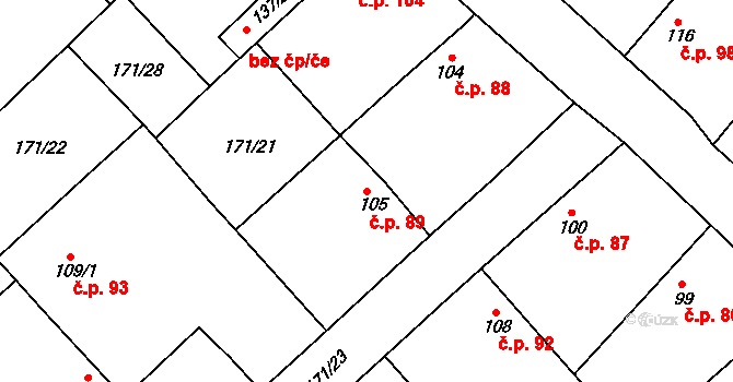 Konětopy 89 na parcele st. 105 v KÚ Konětopy, Katastrální mapa