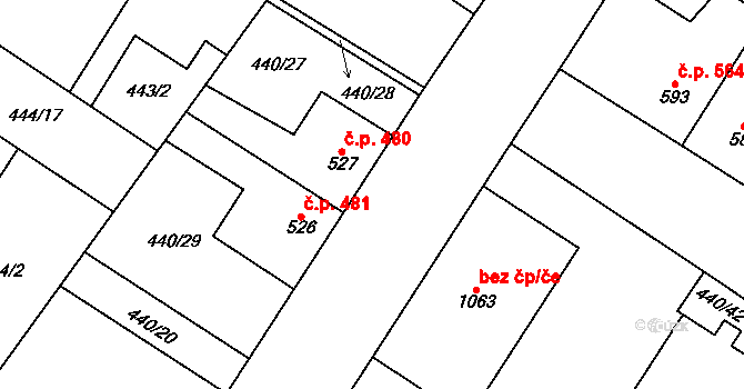 Kostelec nad Labem 480 na parcele st. 527 v KÚ Kostelec nad Labem, Katastrální mapa