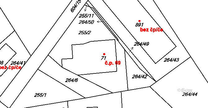 Rosice 69, Pardubice na parcele st. 71 v KÚ Rosice nad Labem, Katastrální mapa