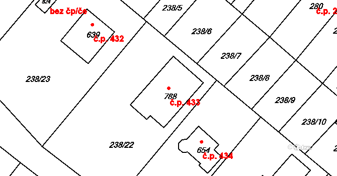 Lázně Toušeň 433 na parcele st. 788 v KÚ Lázně Toušeň, Katastrální mapa