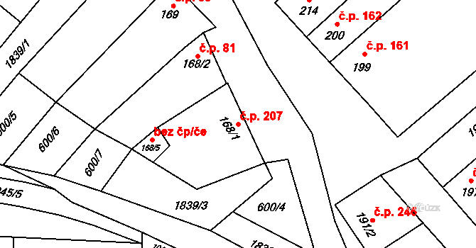 Šakvice 207 na parcele st. 168/1 v KÚ Šakvice, Katastrální mapa