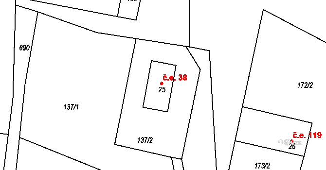 Královka 38, Šluknov na parcele st. 25 v KÚ Královka, Katastrální mapa