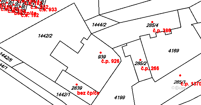Kyjov 926 na parcele st. 939 v KÚ Kyjov, Katastrální mapa