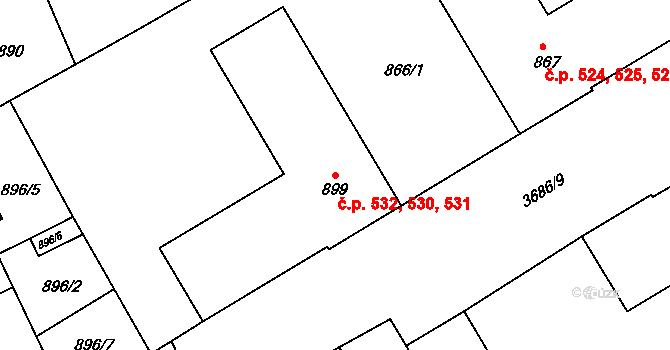 Vyškov-Předměstí 530,531,532, Vyškov na parcele st. 899 v KÚ Vyškov, Katastrální mapa