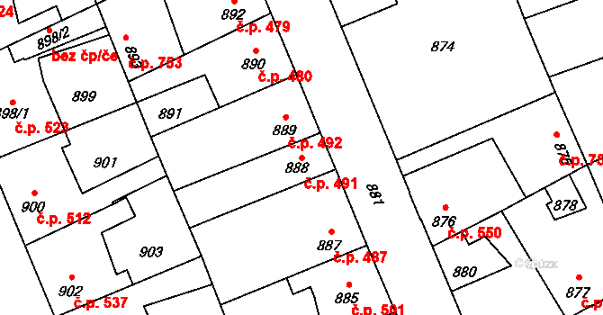 Kročehlavy 491, Kladno na parcele st. 888 v KÚ Kročehlavy, Katastrální mapa