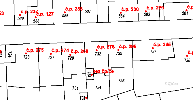 Švermov 278, Kladno na parcele st. 732 v KÚ Motyčín, Katastrální mapa
