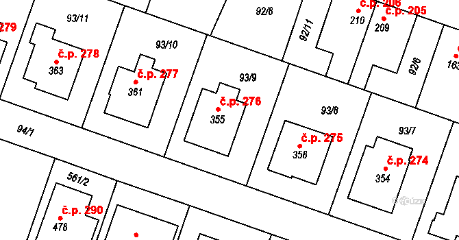 Skřivany 276 na parcele st. 355 v KÚ Skřivany, Katastrální mapa