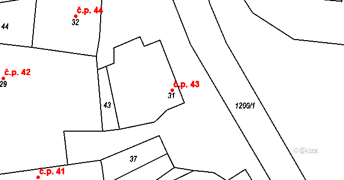 Běchary 43 na parcele st. 31 v KÚ Běchary, Katastrální mapa