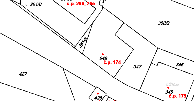 Košťálov 174 na parcele st. 348 v KÚ Košťálov, Katastrální mapa